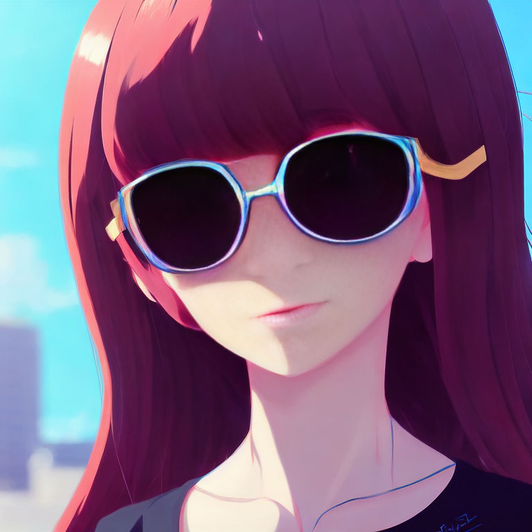 Illustration: Girl with long brown hair and blue sunglasses under clear blue sky