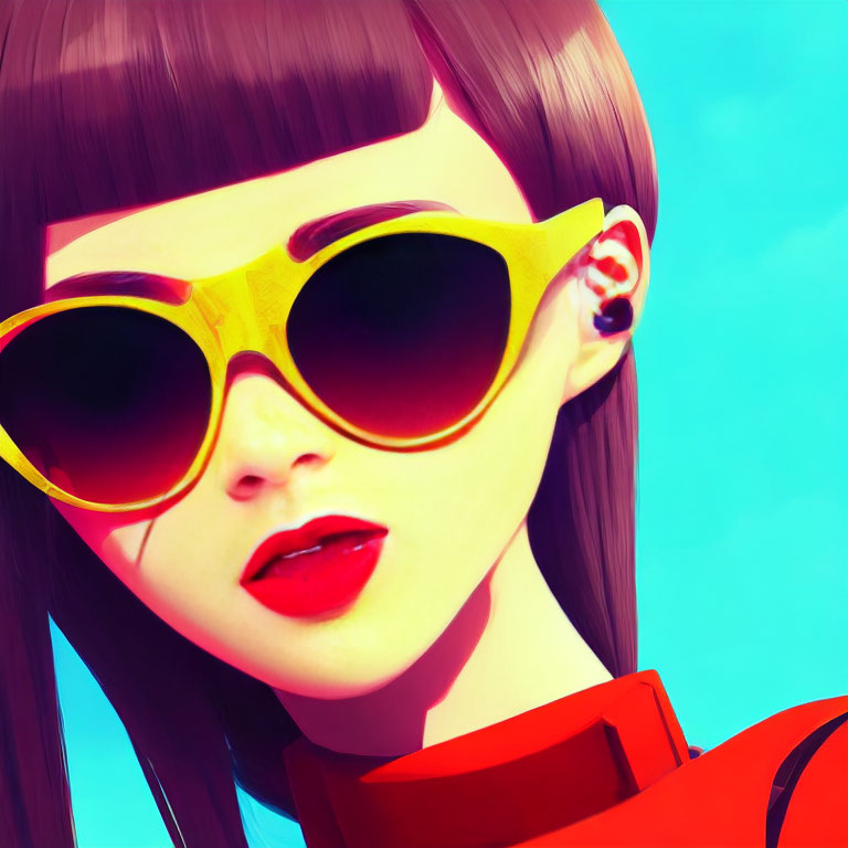 Stylized female character with yellow sunglasses and red outfit against blue sky