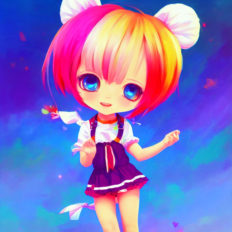 Anime girl with big blue eyes and two-tone hair in cute dress on vibrant background