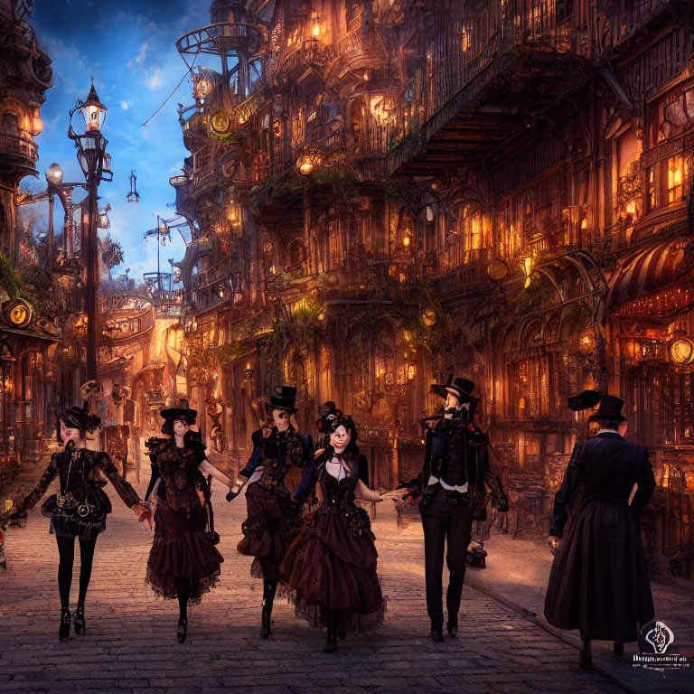 Victorian/Steampunk group in fantastical city at dusk