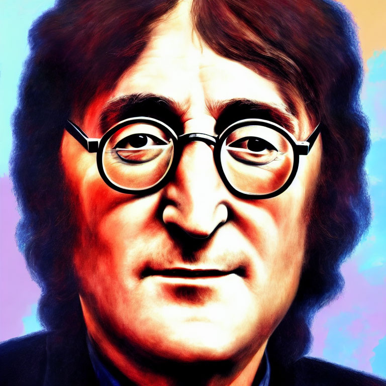 Vibrant portrait of a man with round glasses and long hair on gradient background