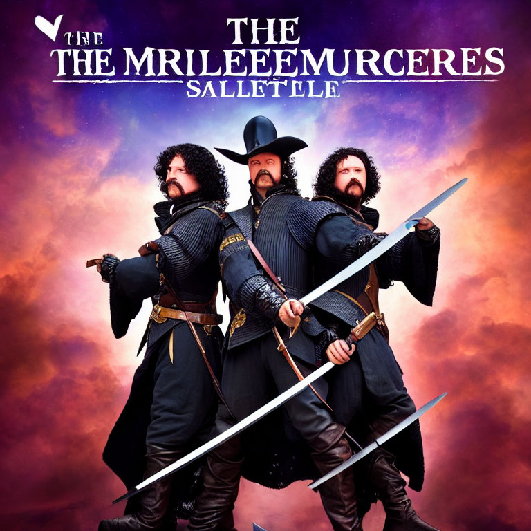 Three Musketeers in period costumes with swords on purple background