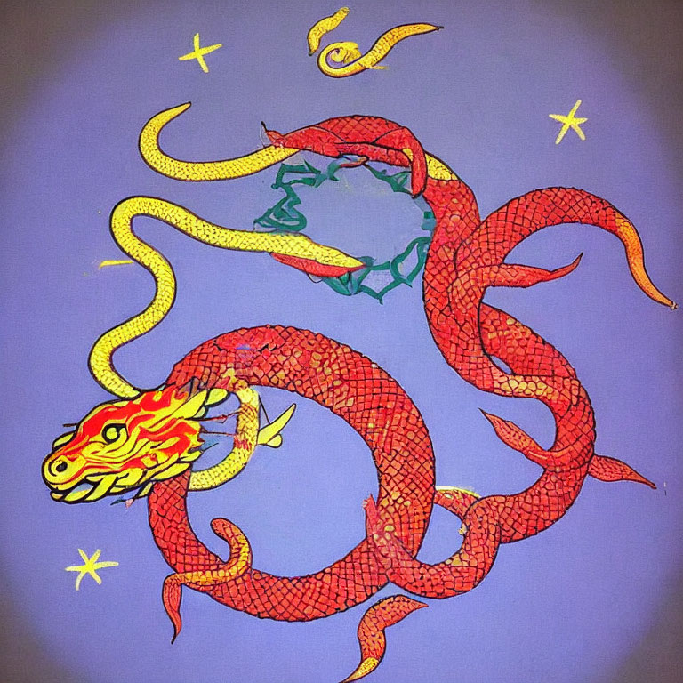 Colorful Dragon Illustration with Scale Pattern on Circular Emblem