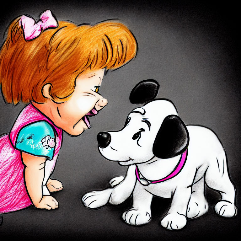 Red-haired girl with pink bow laughing at black and white puppy