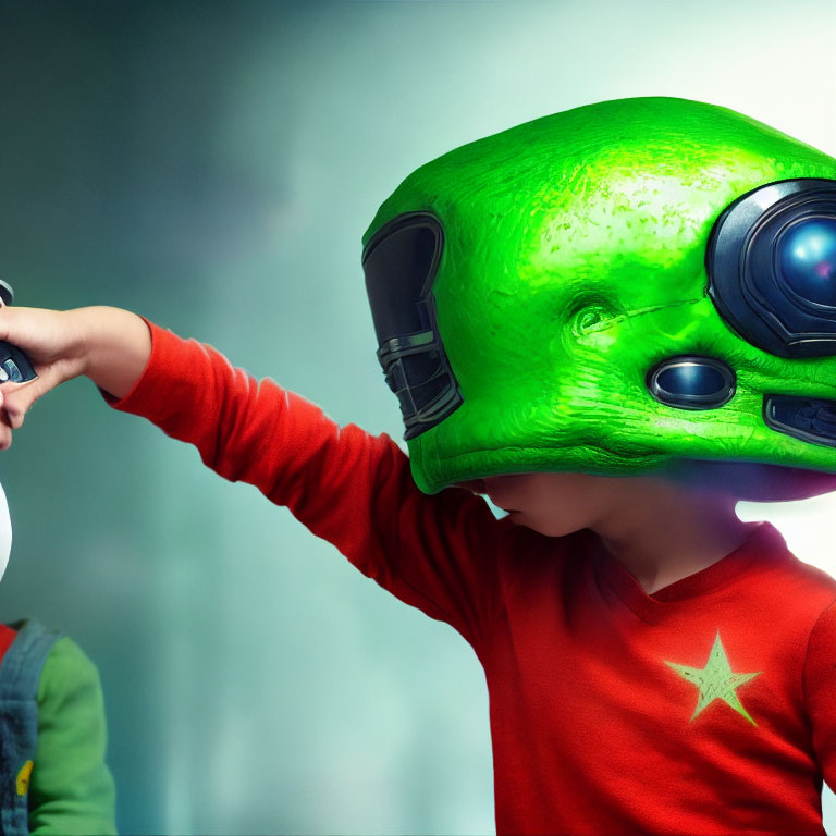 Children playing with red shirt and green alien mask.