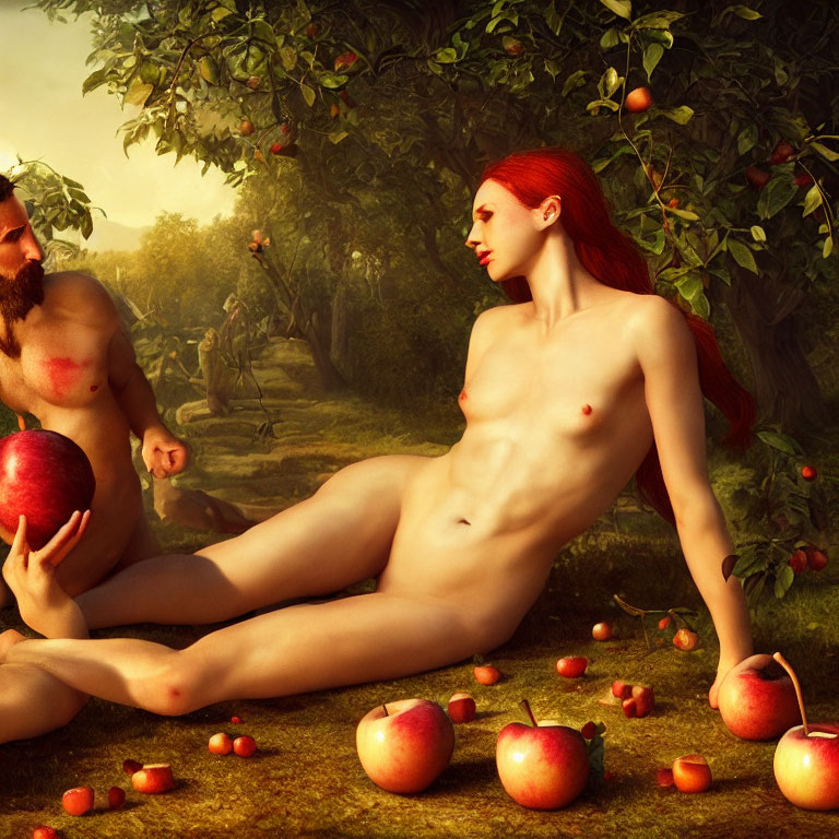 Biblical scene with Adam and Eve and red apples