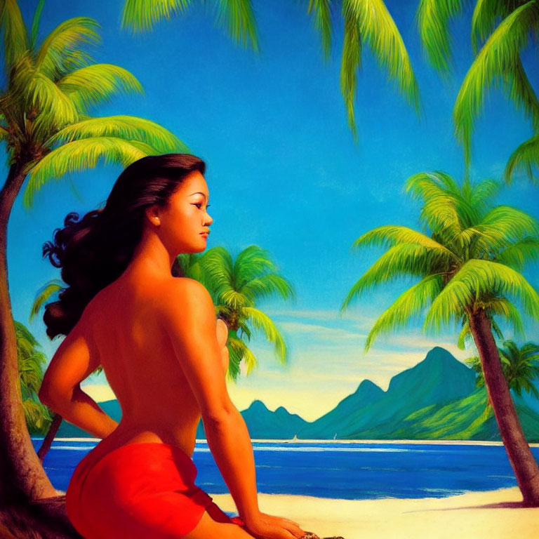 Woman in red skirt sitting on beach with palm trees and mountains in background.