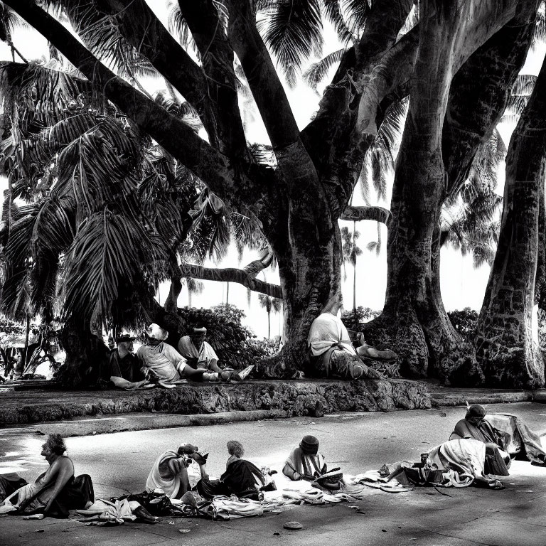 Monochrome image: People relaxing under palm trees