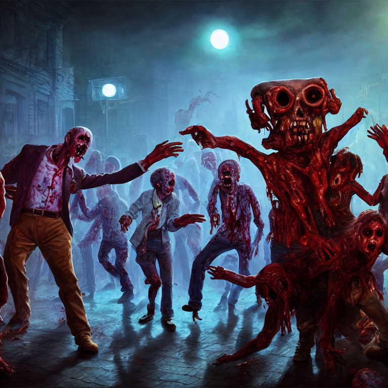 Horror scene: zombies and monster in dark city street