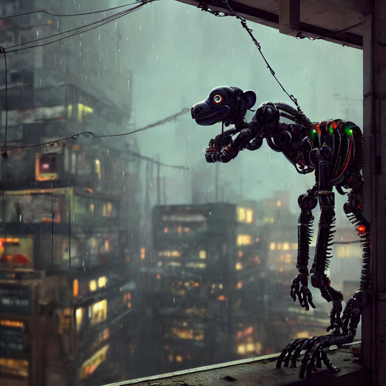 Robotic dog-like creature in dark dystopian setting gazes at neon-lit cityscape