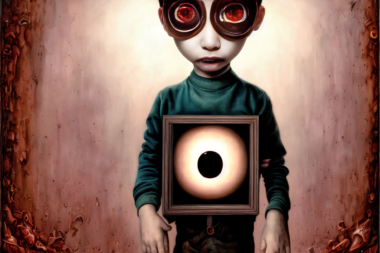 Character illustration with oversized glasses and surreal eye in frame