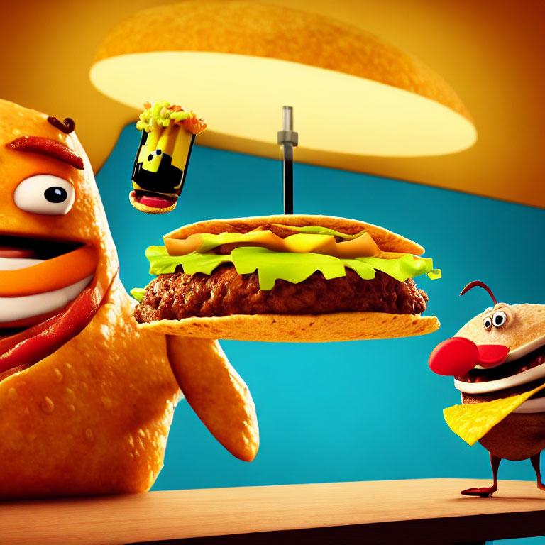 Cartoonish hot dog, taco, and sandwich characters in playful scene