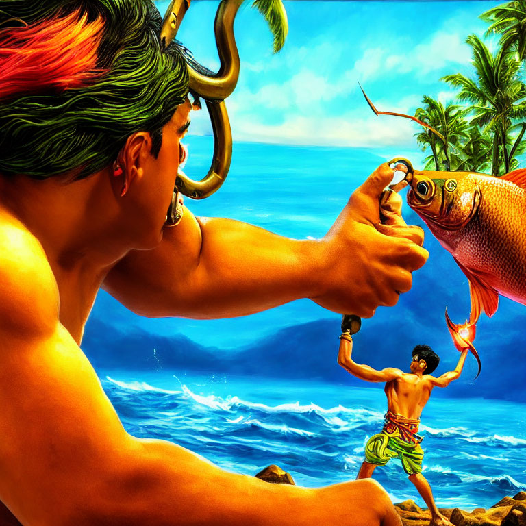 Muscular man with green headband holding fish next to boy on tropical beach