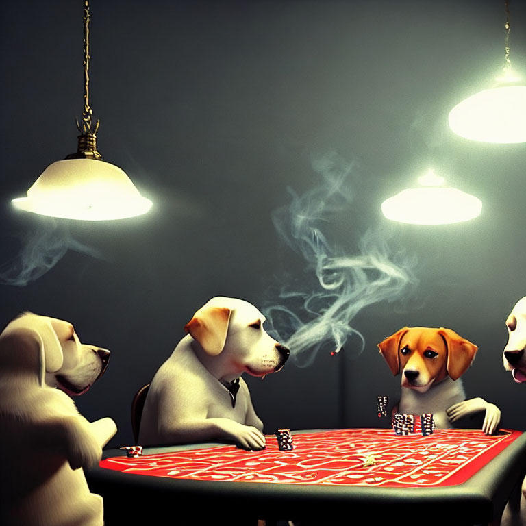 Four Dogs Playing Poker at Table with Chips in Dimly Lit Room