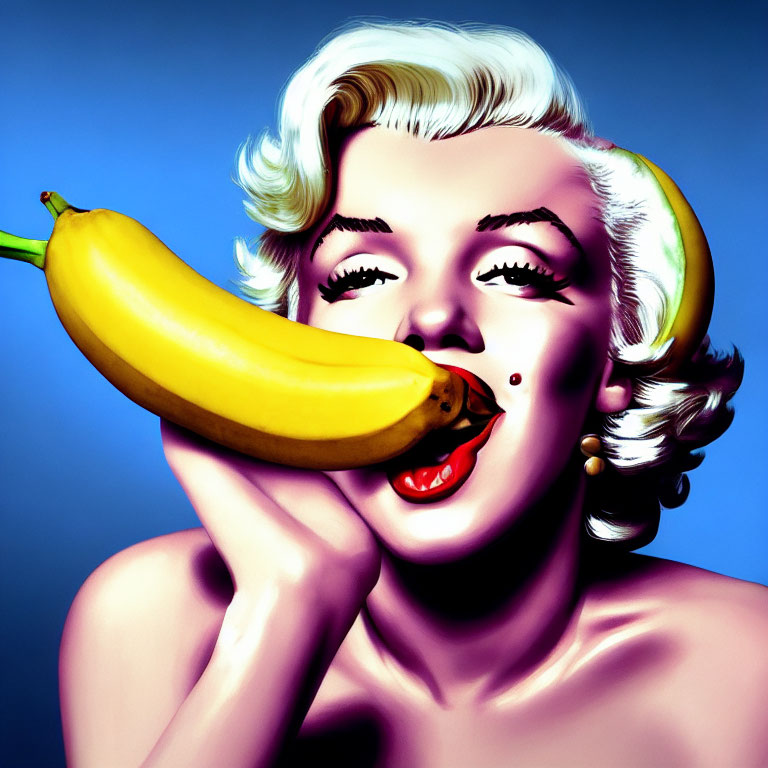 Blonde woman with banana in stylized portrait on blue background