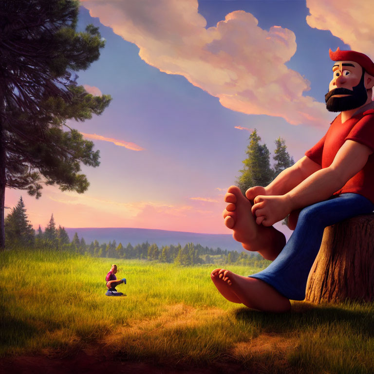 Enormous bearded man on tree stump gazes at small purple figure in meadow