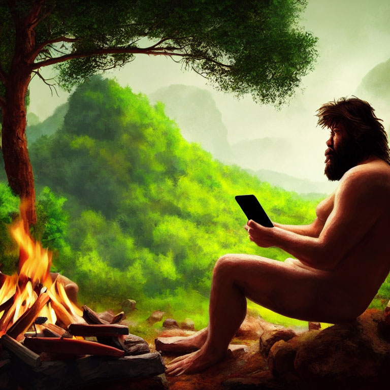 Bearded man sitting by campfire in lush green forest with smartphone