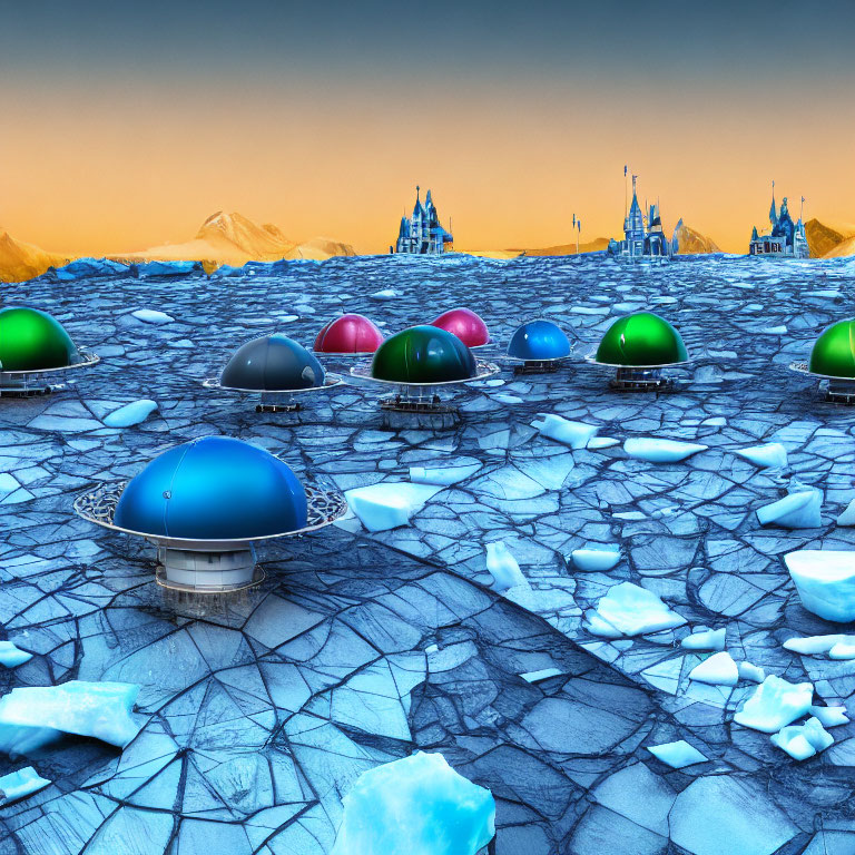 Colorful domed structures in futuristic arctic landscape