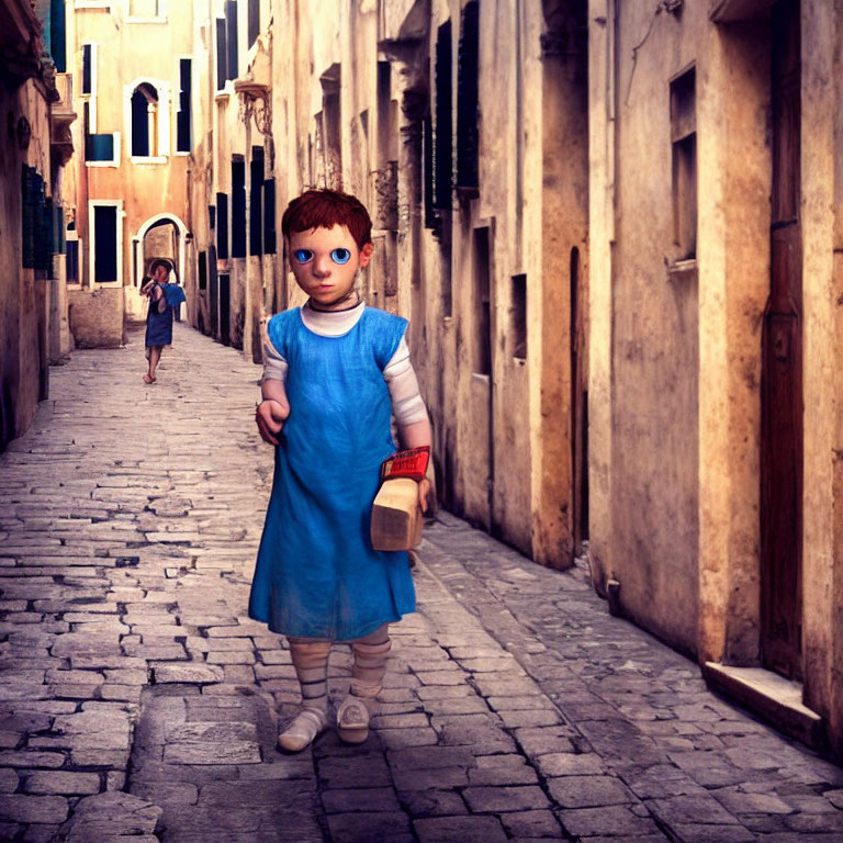 Stylized image of young child in alley with oversized eyes and bread