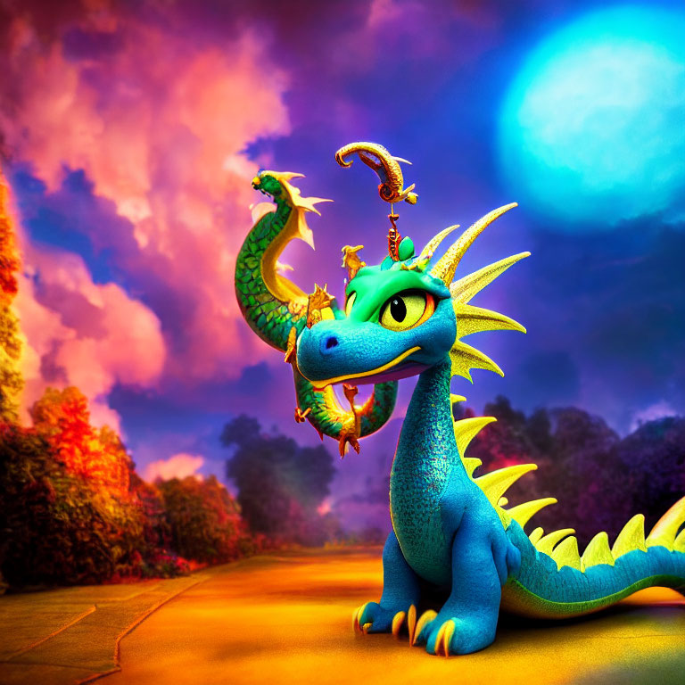 Colorful Cartoon Dragon on Road with Purple Sky and Moon