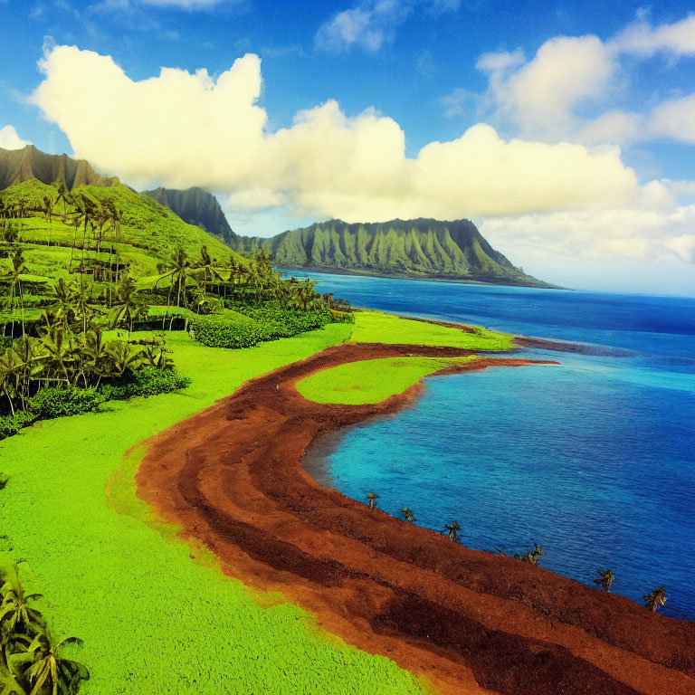 Scenic dirt path on lush green coastline with ocean view