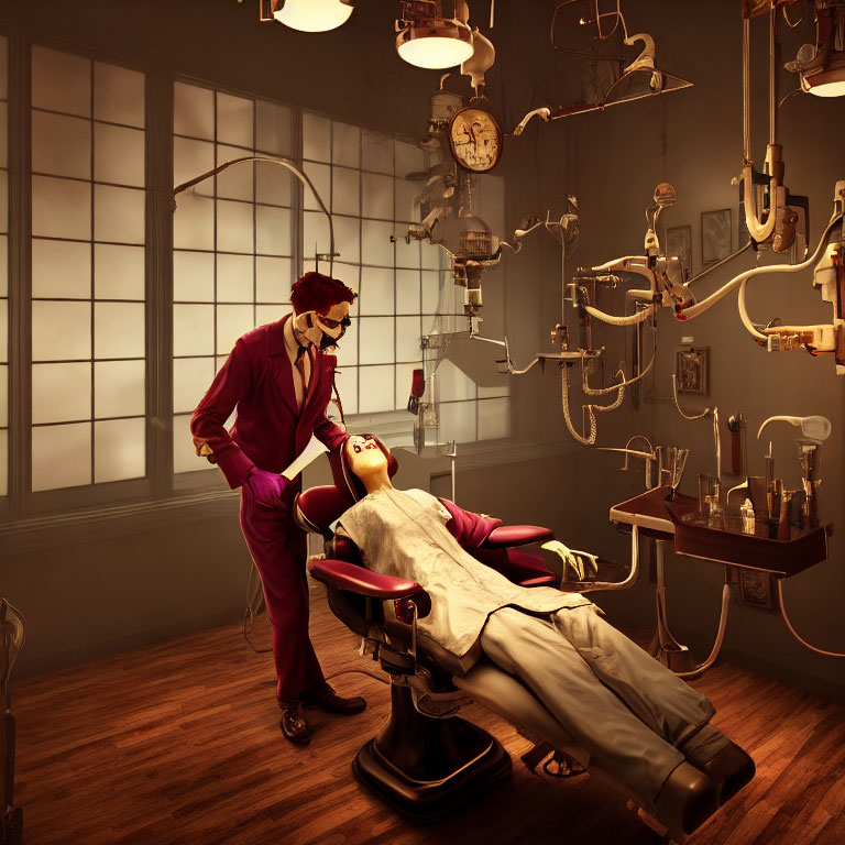 Stylish person in red suit at vintage dental office with elaborate equipment