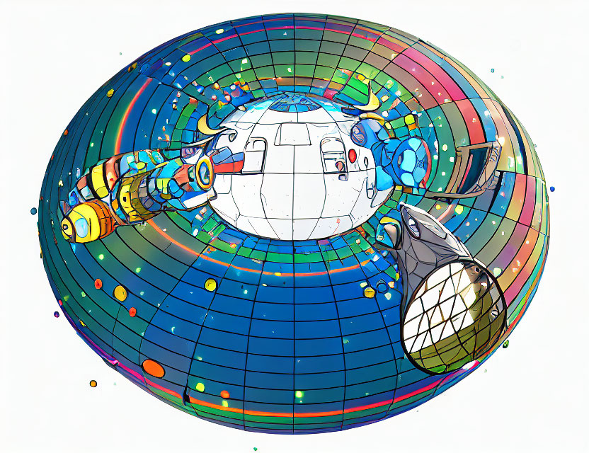 Colorful Illustration of Futuristic Space Station with Modules & Satellites