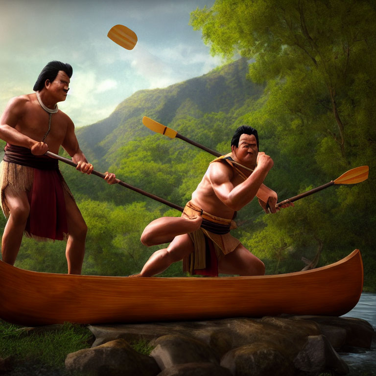 Animated characters rowing canoe in lush green landscape