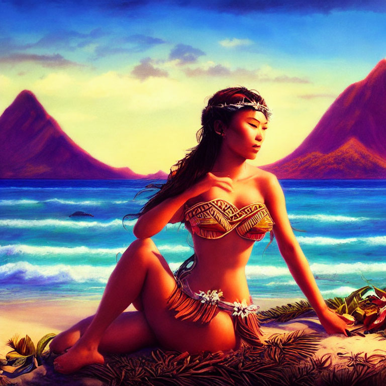 Digital artwork: Woman in islander attire on beach with blue waters & mountains.