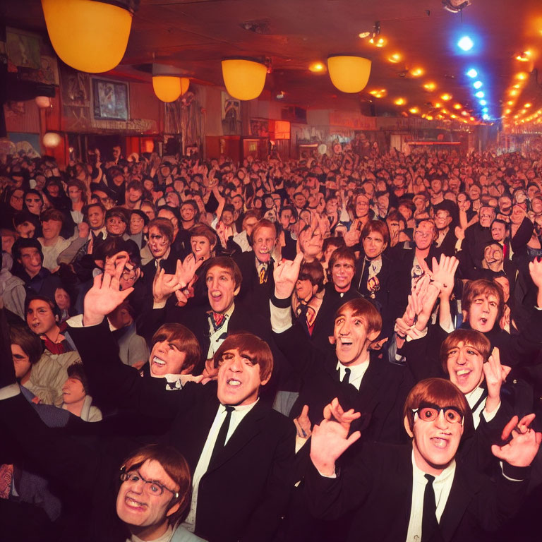 Vintage Clothing and Beatles Wigs: Crowd Clapping in Warmly Lit Room