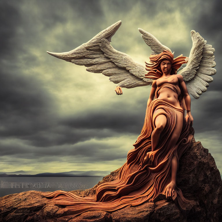 Winged angelic figure on rock under dramatic sky