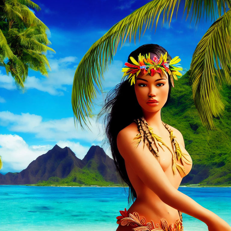 Polynesian woman in floral headdress against tropical backdrop