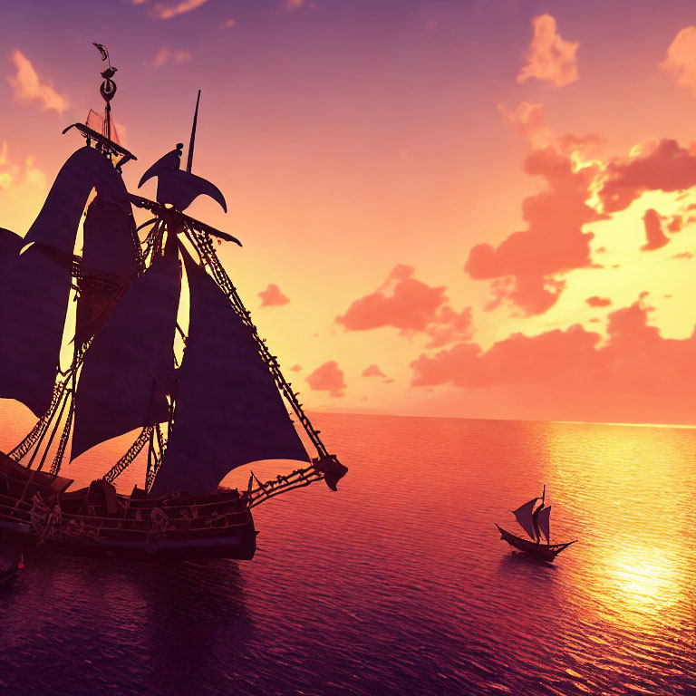 Tranquil sunset at sea with silhouetted sailing ships