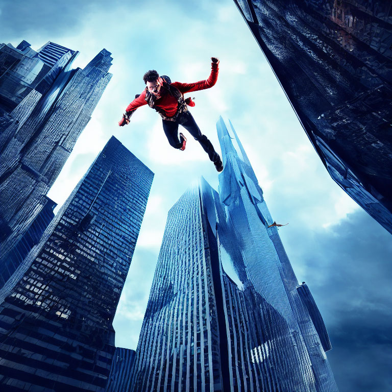 Person in Red Jacket Free Falling Amid Skyscrapers and Clouds