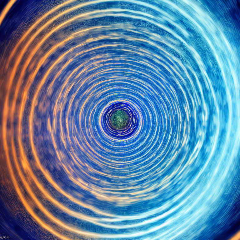 Abstract blue and golden swirl with vortex effect and concentric circles