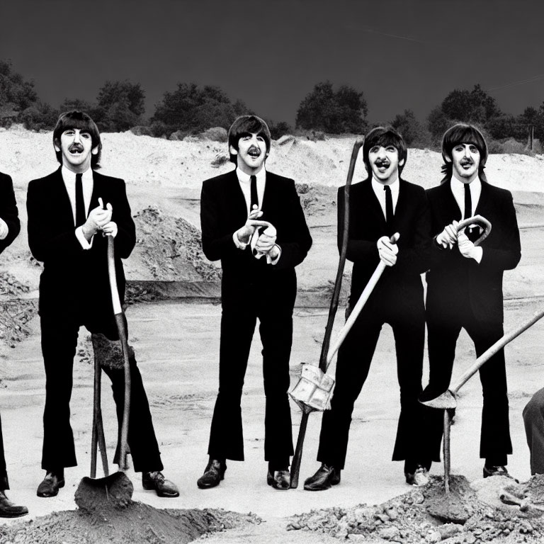 Four Men in Suits with Shovels Standing in Sandy Area