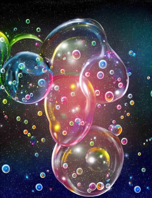 Colorful soap bubbles and bright particles on a dark, starry background