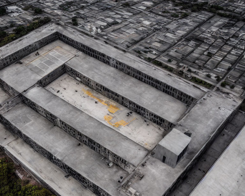 Abandoned industrial building with empty window frames in aerial view