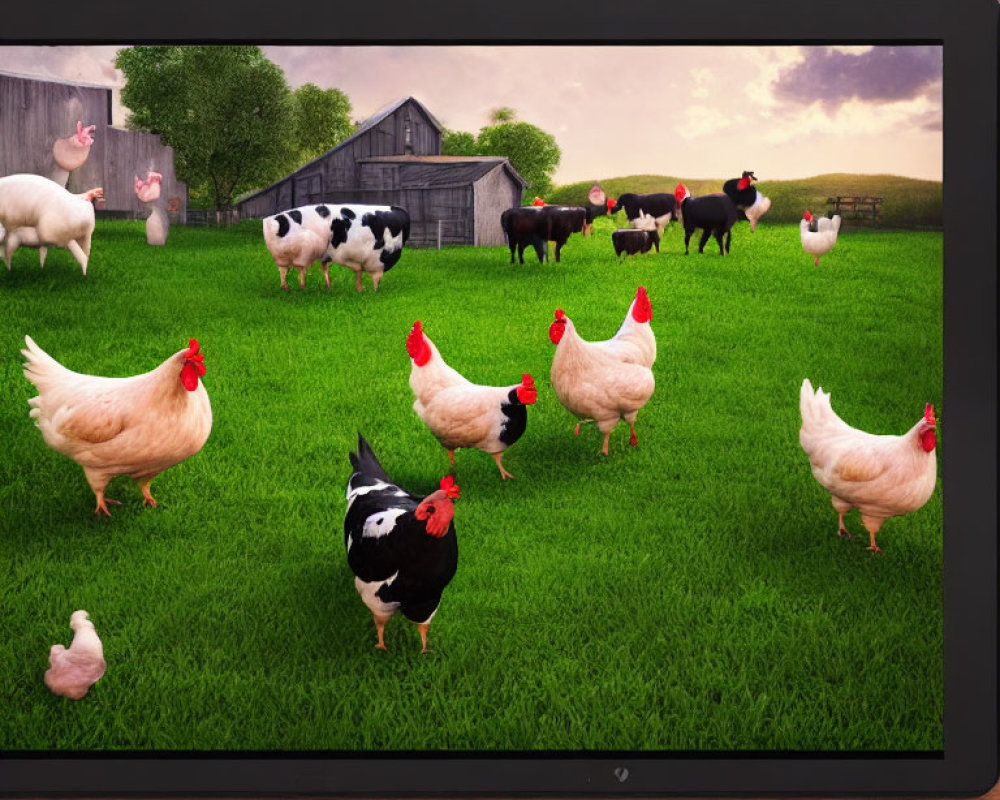 Digital tablet displaying chickens and sheep on pastoral farm with barn and green grass