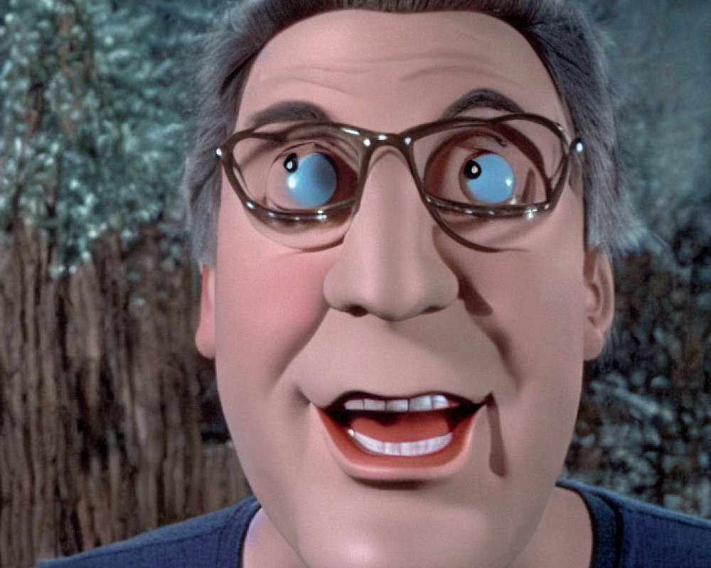 Close-Up of Male Animated Character with Exaggerated Facial Features