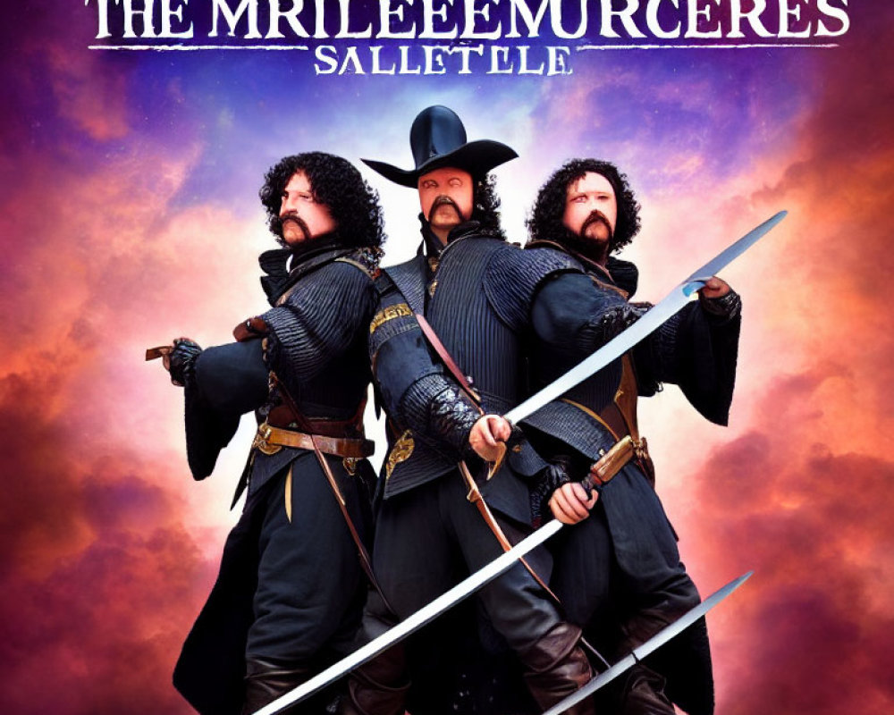 Three Musketeers in period costumes with swords on purple background