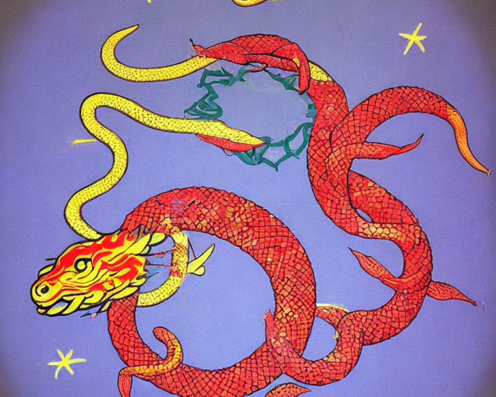 Colorful Dragon Illustration with Scale Pattern on Circular Emblem