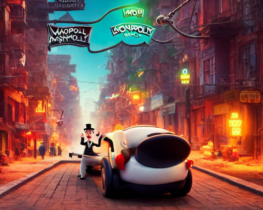 3D-rendered city street scene with animated Mr. Monopoly launching grappling hook