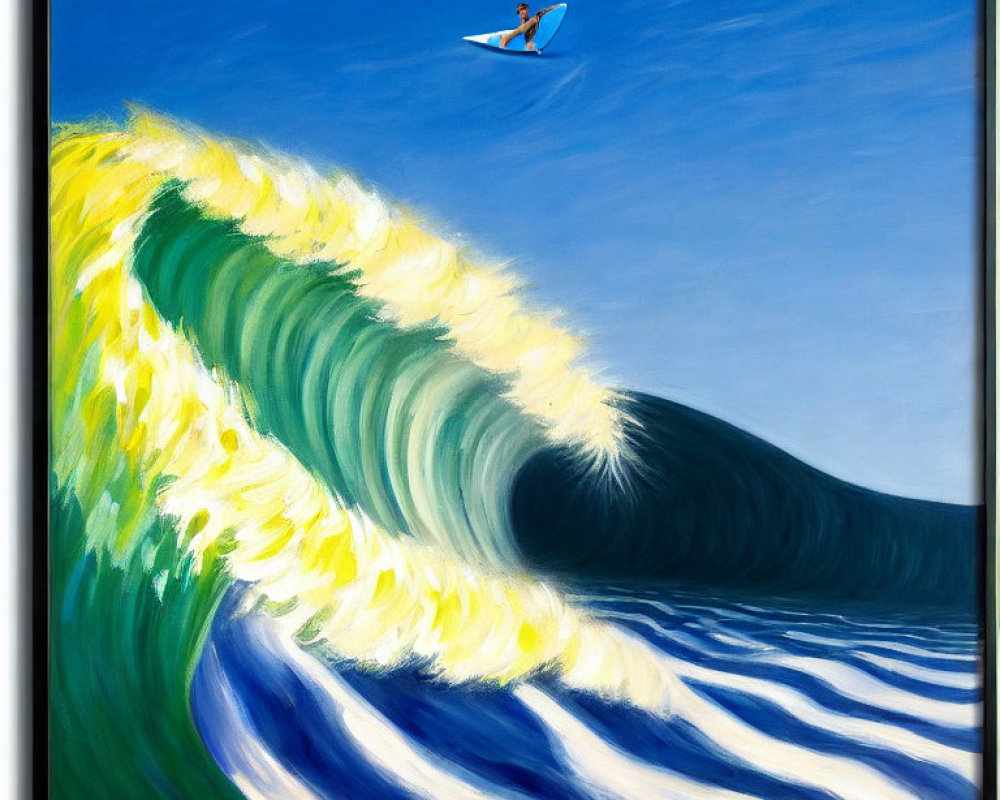 Surfer riding large ocean wave under blue sky