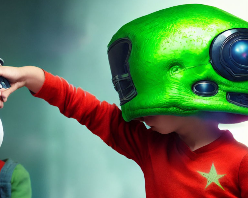 Children playing with red shirt and green alien mask.