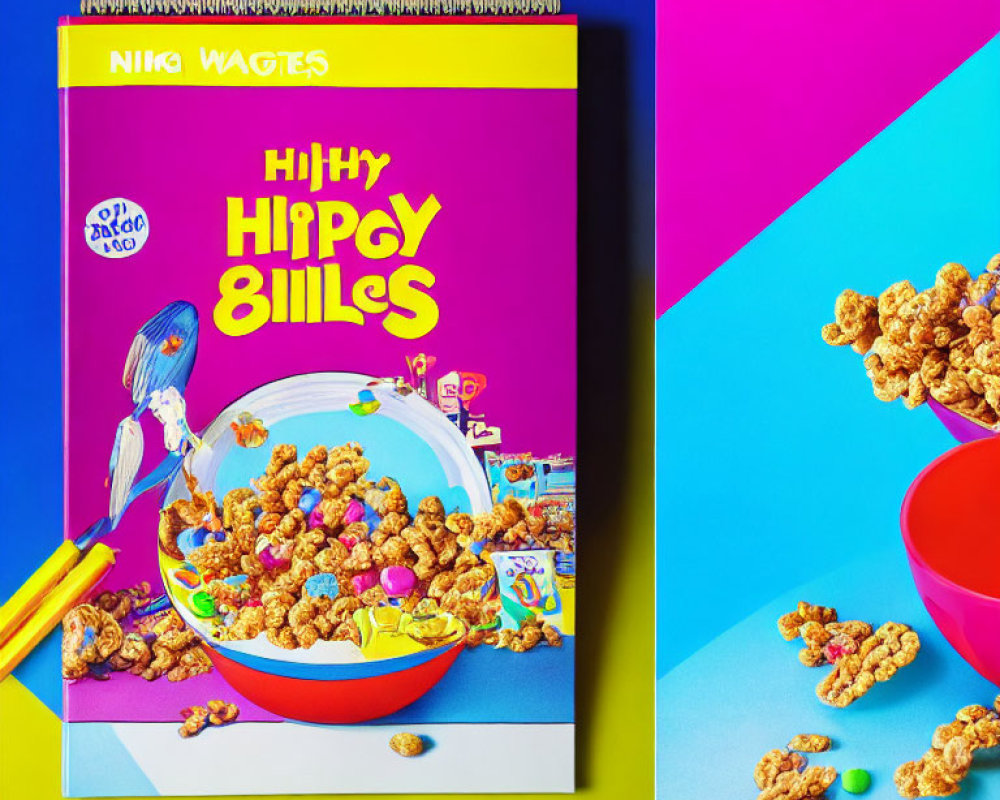 Vibrant image of notebook, magnifying glass, bowl, and cereal on blue and pink background