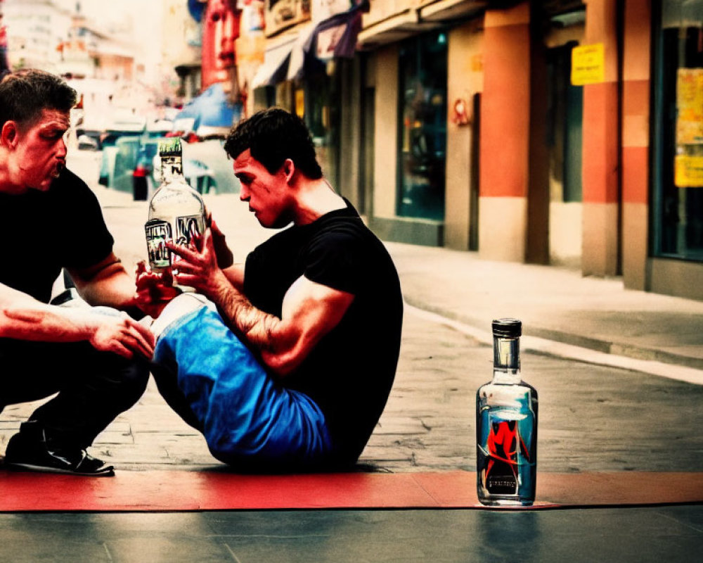 Two Men Talking and Holding Bottles on Urban Street