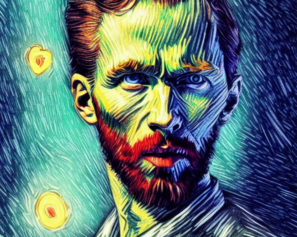 Vibrant portrait of a bearded man with swirling patterns reminiscent of Van Gogh.