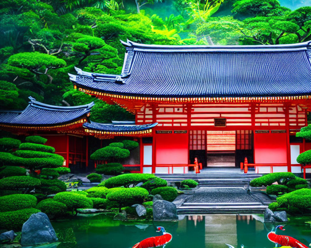 Traditional Japanese garden with red temple, lush greenery, and koi pond