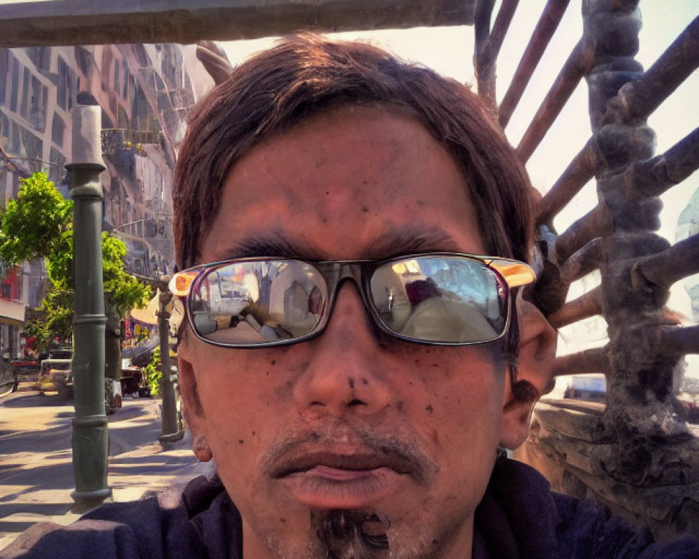 Man with sunglasses and freckles takes urban selfie with reflections